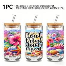 1个/5个16盎司夏季沙滩玻璃杯，带竹盖和吸管，热带花卉贝壳冰咖啡杯，“漂浮、饮用、晒黑、重复”度假水瓶。 - 多色-夏日海灘 - 查看 7