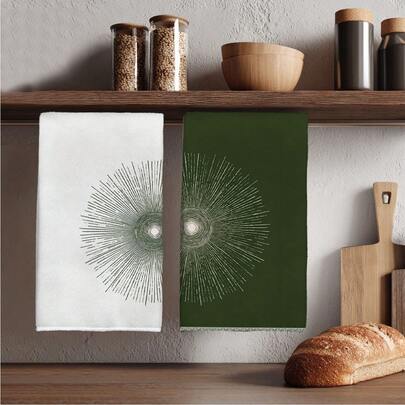 Bộ 2 khăn lau bếp vẽ tay họa tiết mặt trời màu trắng và xanh lá cây, kích thước 40*60cm, chất liệu microfiber mềm mại, thích hợp sử dụng tại nhà, nhà bếp, nhà hàng, cắm trại ngoài trời, lau bàn, lau khô chén đĩa, làm quà tặng.