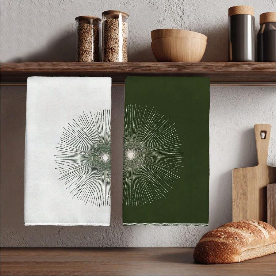 2pcs White & Green Hand-Painted Line Sun Pattern Kitchen Towels, 40*60cm Soft Microfiber Material Tea Towels, Suitable For Home, Kitchen, Restaurant, Outdoor Camping, Tabletop Cleaning, Dish Drying, Gift - Multicolor - View 1