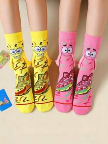 SpongeBob SquarePants SquarePants 1/2 Pairs Cute Cartoon Collaboration Hand In Hand Magnetic Socks Paired With Pink Starfish Yellow SquarePants Cartoon Fun Sweat Absorbing Breathable Unique Design Multi Scene Dating Best Friends Daily Dressing - Multicolor - View 1