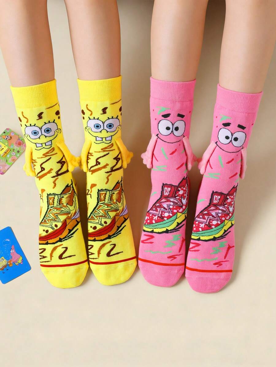 SpongeBob SquarePants SquarePants 1/2 Pairs Cute Cartoon Collaboration Hand In Hand Magnetic Socks Paired With Pink Starfish Yellow SquarePants Cartoon Fun Sweat Absorbing Breathable Unique Design Multi Scene Dating Best Friends Daily Dressing - Multicolor - View 1