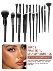 Bộ dụng cụ trang điểm đa năng 16/18/34 món, gồm 18 cọ trang điểm, bông mút, bông phấn, băng đô cài tóc, băng đeo cổ tay và dụng cụ vệ sinh cọ. - màu đen - Xem 14