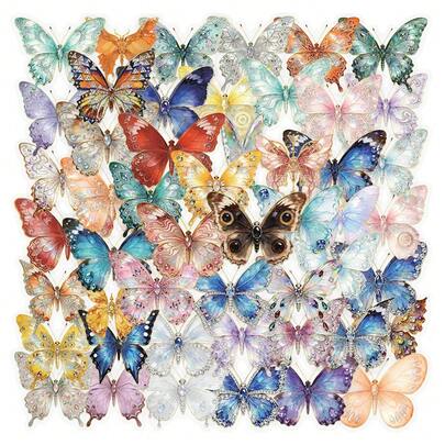 50pcs Assorted Color Foil Butterfly Stickers, Transparent Stationery Labels For Books, Calendars, Guitars, Phone Cases, High-Quality Gift Packaging Decor, Suitable As Party Favors And Gifts
