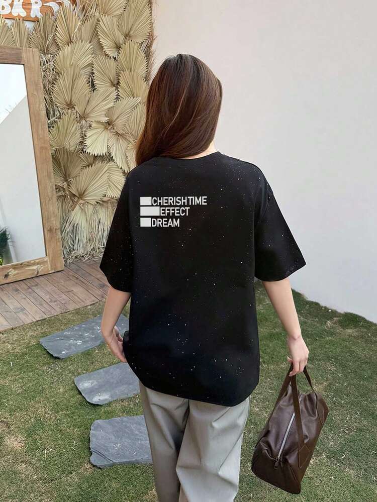 经典复古美式简约黑色撞色亮片字母和可爱猫咪印花宽松圆领短袖T恤，适合学生，春夏休闲穿着。 - 黑色 - 查看 2