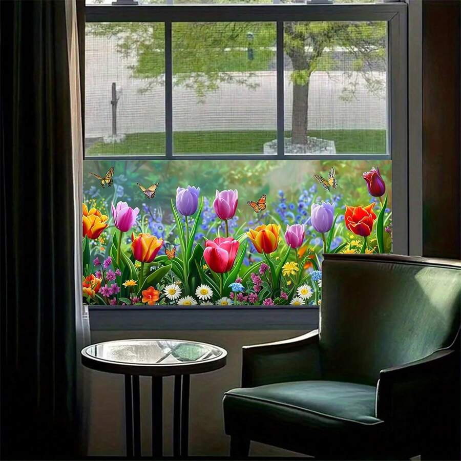 1pc Spring Tulip & Butterfly Glass Sticker, Colorful Floral Window Decor, Self-Adhesive & Removable - Multicolor - View 1
