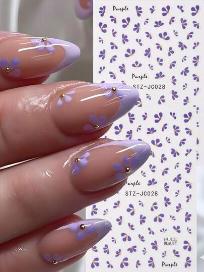 2pcs Purple Flower Petal Nail Stickers Metallic Bead Floral Nail Art Decals Wedding Nail Supplies DIY Holiday Spring/Summer Nail Charms Decorations