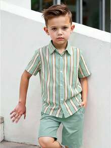 Bộ quần áo mùa hè 2 món cho bé trai, áo sơ mi kẻ sọc thời trang và quần short thường ngày. - Màu xanh Bạc hà - Xem 4