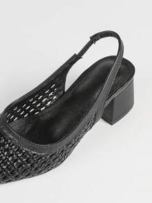 女士黑色编织露跟粗跟鞋，尖头镂空高跟鞋，适合办公室穿着 - 黑色 - 查看 7