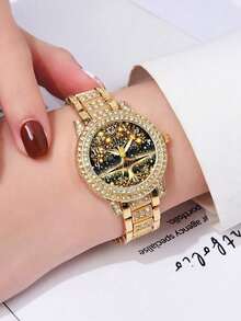 Set di 6 pezzi di orologio elegante da donna, set di gioielli placcati in oro di lusso con strass (include orologio, braccialetto, collana, orecchini e anello), regalo popolare e accessorio dorato scintillante. Design elegante, con strass dorati incastonati, adatto per il pendolarismo quotidiano, appuntamenti e shopping. Regalo per le vacanze, regalo di compleanno - Multicolore - Visualizzare 2