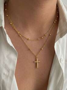 2件套男士优雅14K镀金银层叠十字架吊坠项链，简约时尚魅力项链，男女青少年皆宜的珠宝礼物 - 金黃色 - 查看 2