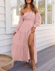 2026 New Bohemian Sexy Off-Shoulder Dress With Ruched Side Slit Long Skirt - cà phê - Xem 11