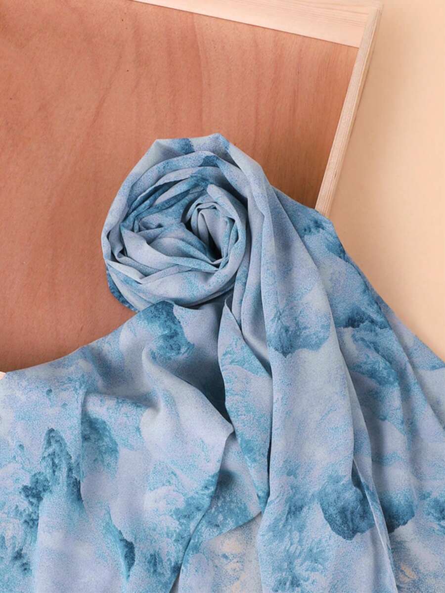 1件裝紮染雪紡印花女款頭巾,休閒街頭時尚頭巾款,適合日常配戴 - 淺藍色 - 查看 1