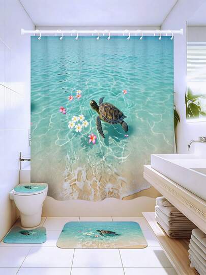 1/3/4件套海龟与鸡蛋花印花浴帘套装，夏季热带海滩风浴室帘，防水防霉，现代家居浴室装饰，72英寸*72英寸浴帘配12个挂钩，包含马桶盖套、浴垫和地毯，涤纶面料，可水洗，适用于家庭/酒店/度假屋/房车，沿海风格浴室装饰，四季皆宜，乔迁/母亲节礼物