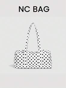 1 pieza Bolso de hombro de béisbol con lunares de contraste para mujer, bolso tote de gran capacidad de moda, bolso de viaje para viajes cortos, bolso de tela con múltiples bolsillos para deportes al aire libre - Blanco - Ver 1