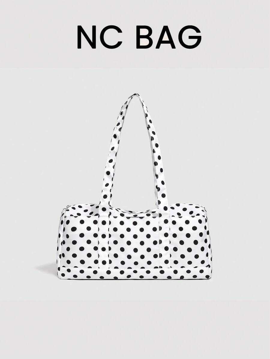 1 pieza Bolso de hombro de béisbol con lunares de contraste para mujer, bolso tote de gran capacidad de moda, bolso de viaje para viajes cortos, bolso de tela con múltiples bolsillos para deportes al aire libre - Blanco - Ver 1