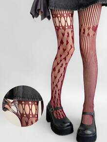 一双女士酒红色心形不对称网眼丝袜，性感Y2K朋克风提花紧身裤，哥特式镂空丝袜，适合派对、聚会和亚文化装扮 - 彩色 - 查看 2