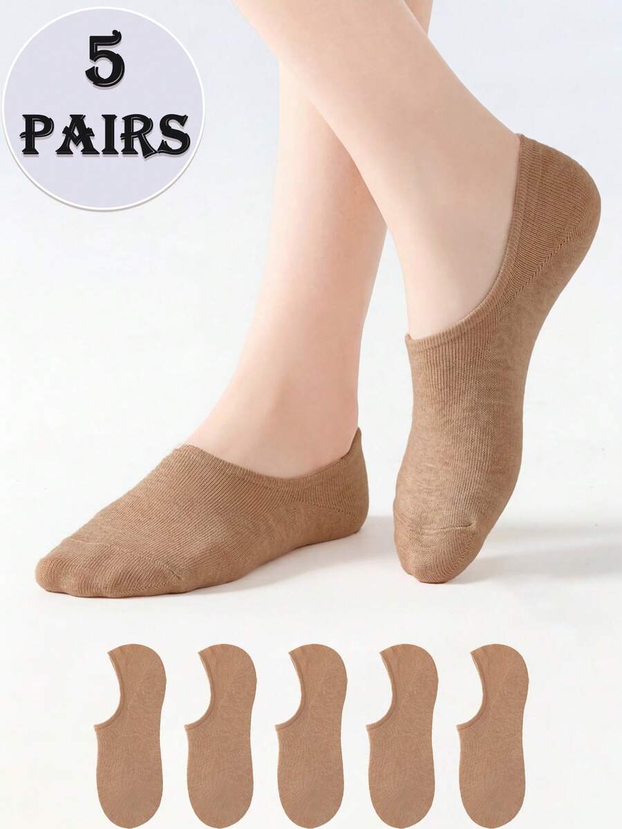 5/10 Pairs Women's Light Beige Solid Color Soft Skin-Friendly Non-Slip No-Slip Heel Comfortable Minimalist Invisible Boat Socks Suitable For Daily Home Wear