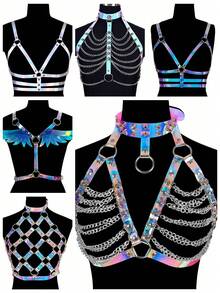 1 bộ dây đeo toàn thân bằng da PU, kiểu dáng thời trang punk boho, áo croptop an toàn, dây đai ngực khoét rỗng có thể điều chỉnh, áo ren buộc dây bằng da PU lấp lánh, phù hợp cho mọi mùa. - Nhiều màu - Xem 7