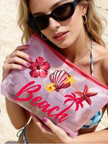 多色防水時尚網格沙灘包，印有「Beach」字樣的化妝包，羽毛花朵、扶桑花、海星、貝殼和珍珠元素，大容量透明化妝包，尼龍拉鍊盥洗包，輕巧，可存放防曬霜、零食、比基尼和沙灘必需品。春/夏防曬收納，適合游泳、沙灘、潛水和夏季度假，學生返校，送給朋友、家人、閨蜜、同學的禮物。生日、節日、派對、婚禮（伴娘）、郵輪必需品、畢業 - 彩色 - 查看 10
