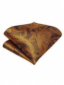 Bộ 4 món dành cho nam giới, gồm cà vạt Ascot họa tiết Paisley màu vàng mù tạt, khăn cài túi áo, khuy măng sét và nhẫn vàng, thích hợp cho tiệc cưới. - gừng - Xem 4