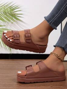 New Fashion Women's Thick Sole Platform One-Piece Molded Slippers, Soft Comfortable Home Shoes, Suitable For Students, Double Buckle Adjustable Strap, Outdoor Wear, Commute, Travel, Beach, Shopping, Walking, Shock-Absorbing - Brown - View 14