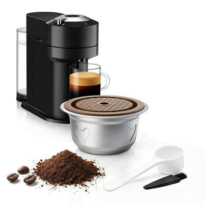 كبسولات قابلة لإعادة الاستخدام متوافقة مع Vertuo Plus/Vertuo Next/Vertuo POP/GCA1، ENV135، ENV150، كبسولات قابلة لإعادة التعبئة من الفولاذ المقاوم للصدأ مع غطاء سيليكون واحد