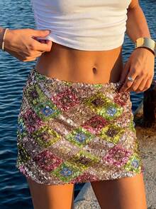 Women Summer Fashion Bodycon Sequin A - Line Mini Skirt For Party, Vacation And Streetwear - Pink - View 3
