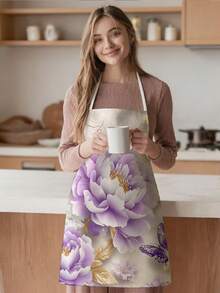 1pc, Flowers Pattern Polyester Apron, Suitable For Cooking, Baking, And Gardening - Can Be Used As Attire For The Kitchen And Dining. - Multicolor - View 5