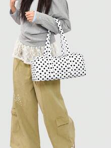1 pieza Bolso de hombro de béisbol con lunares de contraste para mujer, bolso tote de gran capacidad de moda, bolso de viaje para viajes cortos, bolso de tela con múltiples bolsillos para deportes al aire libre - Blanco - Ver 6