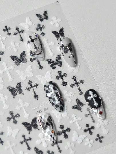 1 Piece Of Ultra-Thin And Tough Nail Sticker, Dark Cross Butterfly Pattern, Nail Decoration Sticker, Self-Adhesive 3D Nail Decoration Decal