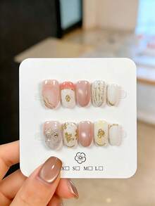 10pcs Handmade Nail Art Stickers, Almond-Shaped False Nails With Gold Mirror, Floral, Pink Cat Eye, Tie Dye Design, Short Nails, Nail Jewelry Accessories With Rhinestones And Pearls, Suitable For Party, Wedding, Daily Wear, Includes Nail Tools, Great Gift For Women And Girls - Multicolor - View 14