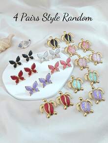 7 Pairs Women's Assorted Drip Oil Earrings Set, Made Of High-Quality Stainless Steel With Luxury Electroplated Finish, Featuring Vibrant Enamel Sea Turtle And Butterfly Designs, Comfortable And Hypoallergenic For All-Day Wear - Multicolor - View 13