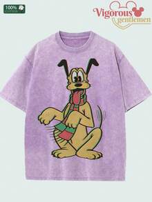 Summer Travel Short Sleeve T-Shirt, Disney Pluto Cartoon Print Casual T-Shirt, Unisex Short Sleeve - Màu tím hoa cà - Xem 2