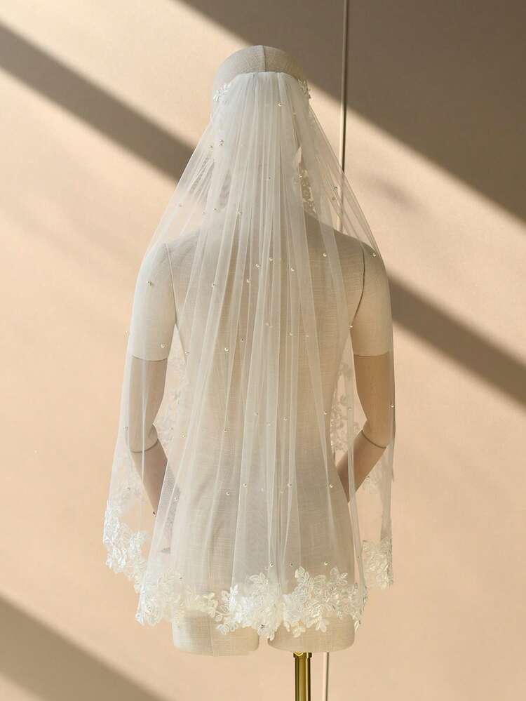 1件蕾丝串珠头纱，带梳子，适合新娘教堂婚礼、登记仪式发型 - 乳白色 - 查看 5