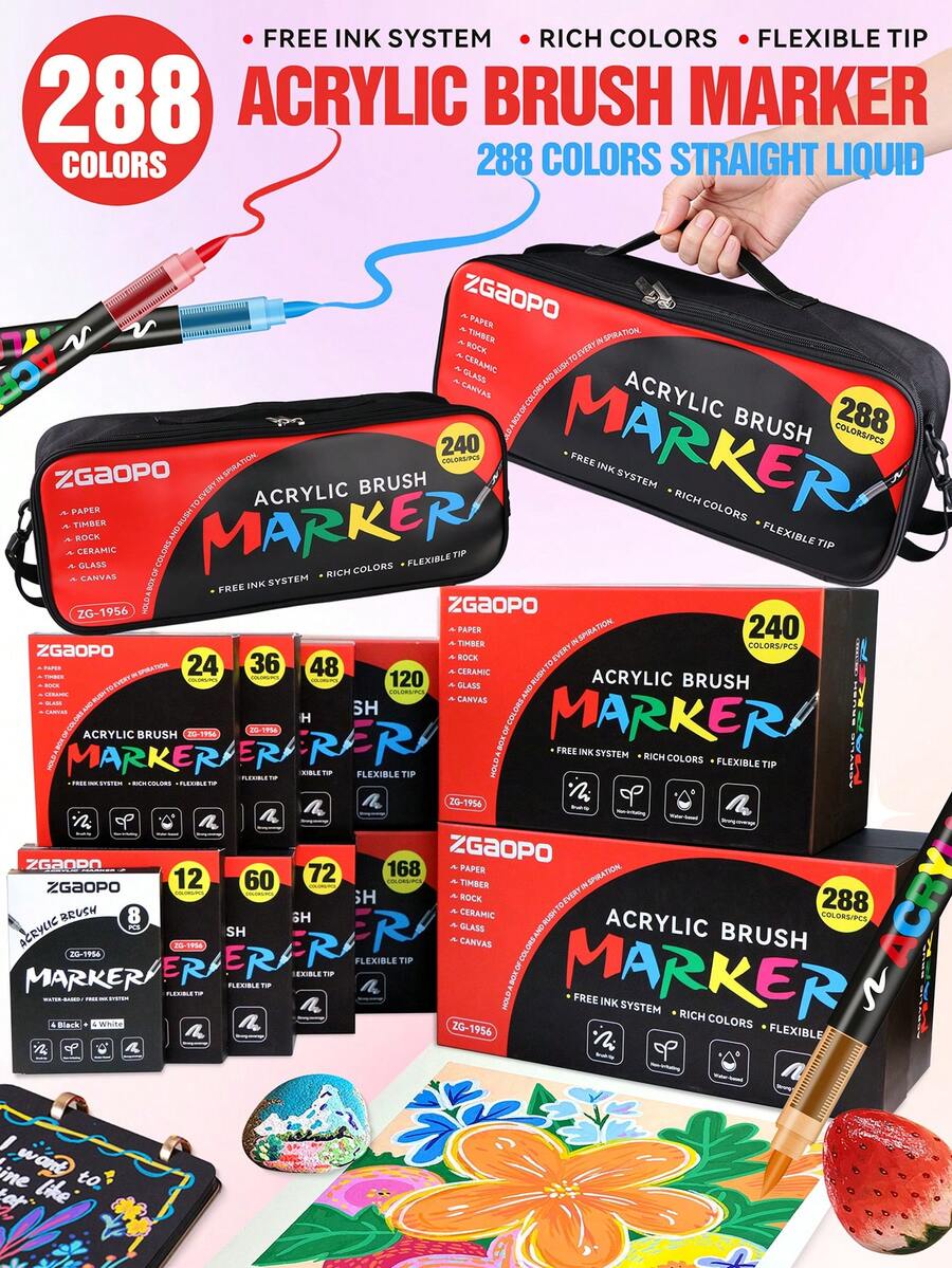 366/288/240/168/120/72/60/48/36/24/12/8色丙烯马克笔套装，速干不褪色，适用于绘画、插画、工艺品制作、涂色书及其他DIY项目，可在纸张、布料、木材、石头、塑料、玻璃、陶瓷、南瓜、金属等材质上创作。是复活节、感恩节、万圣节、圣诞节的绝佳礼物。 - 彩色 - 查看 1