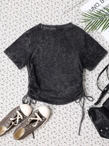 ZZG Es Trus Damen Sommer Vintage Buntes Herz Muster Grafik T-Shirt, Komfortabler Retro Lässig Street Style Koreanische Mode Basic Vielseitige Y2K Ästhetik Chic Anliegende Kordelzug Rundhals Washed Schwarz Sexy T-Shirt - Schwarz - Übersicht 4