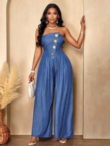 AIJ Women's Elegant Casual Solid Color Jumpsuit, Wide Leg Pants With Metal Buttons, Suitable For Daily Commute Summer - Dark Blue - View 9