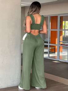 Bộ jumpsuit nữ kiểu dáng thường ngày, dây bèo nhún, cổ chữ U, hở lưng, xếp ly, cạp cao, ống rộng, thích hợp cho kỳ nghỉ hè và mặc dạo phố. - Màu xanh Ô liu - Xem 2