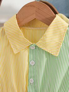 Baby Girls' Casual Striped Patchwork Shirt Dress, Spring/Summer - Yellow - View 3
