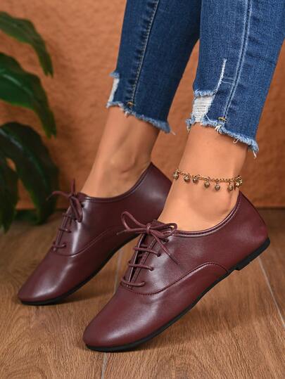 1 Pair Women's Lace-Up British Style Flat Loafers, 2026 New Minimalist Commuting Casual Soft Leather Round Toe Non-Slip Everyday Versatile Shoes