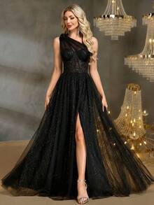 BluePlum Women's Asymmetric One Shoulder Mesh Formal Evening Gown (Heavily Embellished) Wedding Black Spring Party - Black - View 3