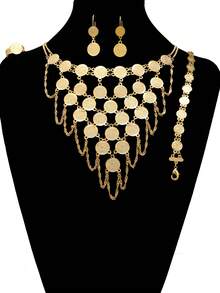 5pcs Vintage Coin Shaped Jewelry Set, Including Copper Gold Necklace, Bracelet, Earrings And Ring With Round Textured Pattern, Suitable For Daily Wear By Middle Eastern And Arabic Women - Yellow Gold - View 3