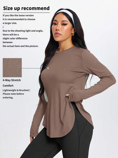 1pc Women's Outdoor Training, Running, Hiking, Walking Minimalist Side Slit Long Sleeve Fitness Yoga Top, All Season Spring