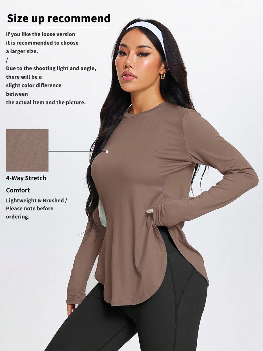 女士户外训练、跑步、徒步、散步极简侧开衩长袖健身瑜伽上衣，四季皆宜，春季款 - 卡其色 - 查看 1