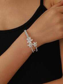 1pc Fashion Floral Cubic Zirconia Decorated Multi-Layer Open Bangle Bracelet, Suitable For Women's Daily Wear - Silver - View 7