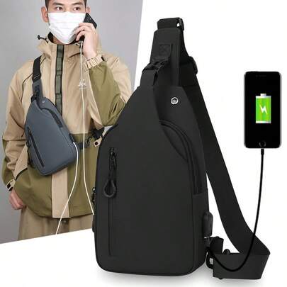 Spring/Summer New Black/Blue/Gray Solid Color Minimalist Casual Men's Chest Bag, Lightweight & Versatile With USB Charging Port And Earphone Hole, Multifunctional Sports Messenger Bag For Phone, Power Bank, Coins, Keys, Suitable For Work Commute, Outdoor Sports, Cycling, Shopping, Men's Accessories, Must-Have For Holidays, Men's Outfit, Gift For Boyfriend, Unique Gift, Holiday Gift, Valentine's Day, Christmas, Father's Day, Thanksgiving