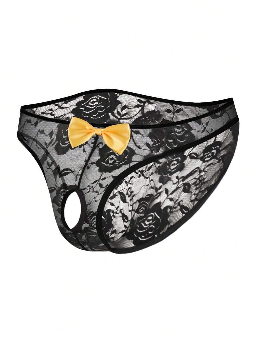 Men's Sexy Lace Floral G-String, Front Hollow Out Breathable Comfortable Underwear With Yellow Bow Decor - Yellow - View 1