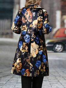 Women's Spring/Fall Fashionable Retro Floral Print Long-Sleeve Mid-Length Blazer With A Notched Collar - Blue - View 2
