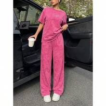 Women's Washed Brown T-Shirt And Pants Two-Piece Casual Set - 玫紅色 - 查看 3