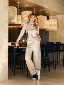 Premium Soft Knit Set, Sophisticated High Neck, Straight Cut, Warm Knit For Winter, Comfy Chic Look - Areia - View 3